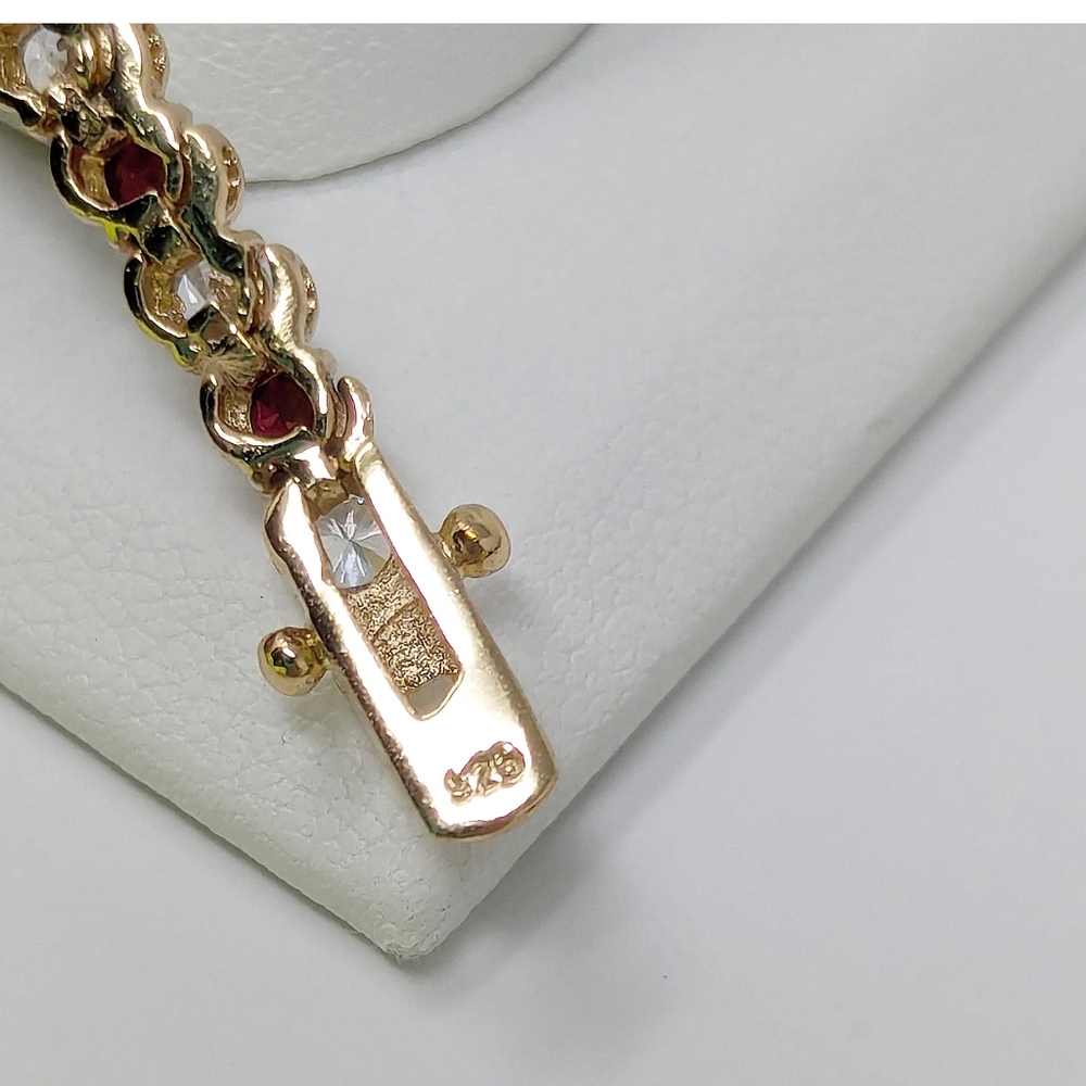 Sterling Silver 925 Gold Tennis Bracelt With Clear And Red Gemstones - Picture 5 of 5